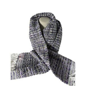 Hand Made Fine Yarn  Hand Knit 100% Lambswool Scarf Fringe Purple Green White